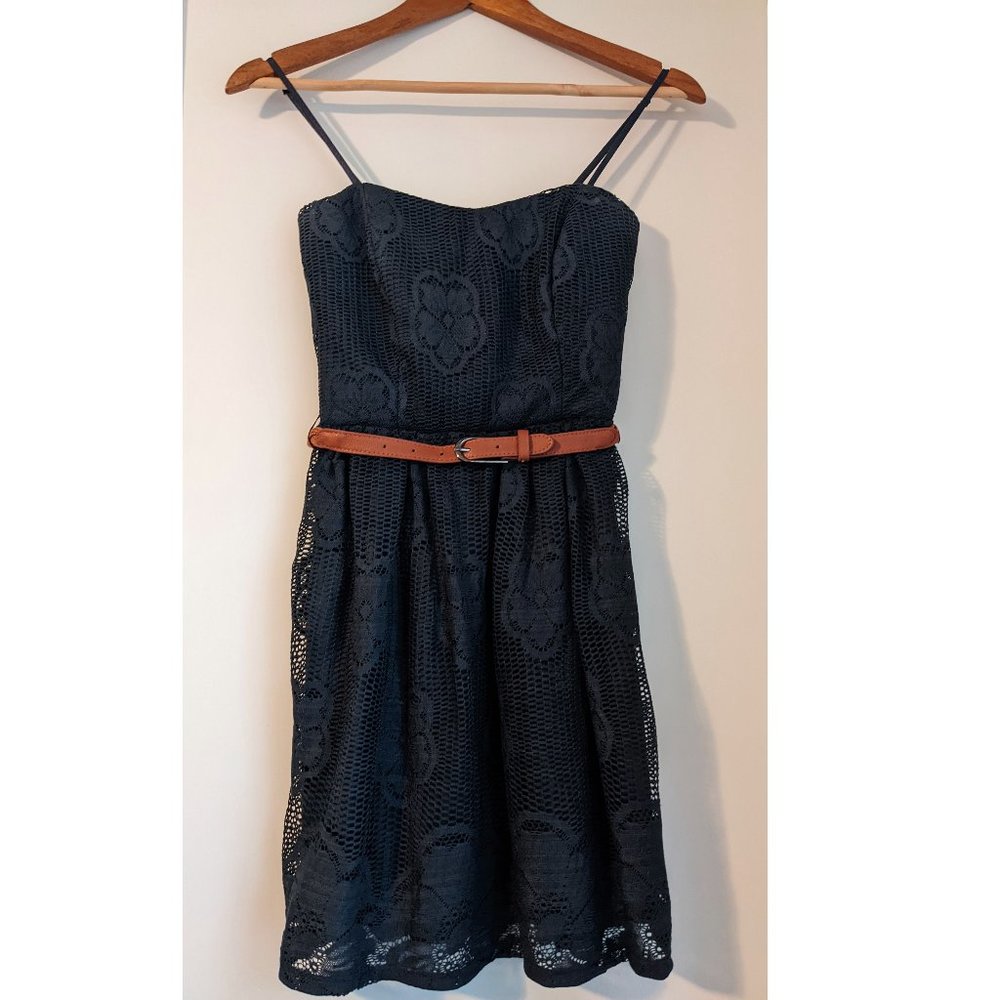 Navy Blue Floral Spaghetti Strap Dress with Belt